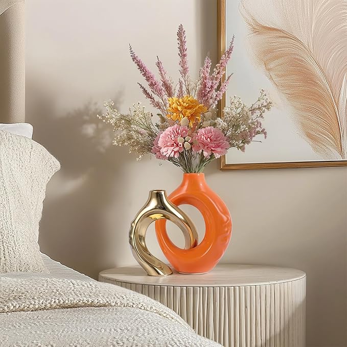 Orange Gold Ceramic Vase Set of 2 for Modern Home Decor,Round Boho Vase for Pampas Grass,Neutral Minimalist Vase for Dining Room Table Centerpiece Dining Room,Wedding Table Decoration
