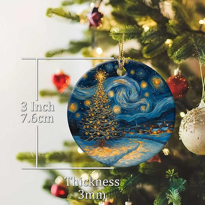 Starry Night Christmas Tree Ornaments Round Ceramic Ornament Christmas Keepsake Decor for Xmas Tree Winter Holiday Xmas Gift for Women Men Hanging Ornament 3"