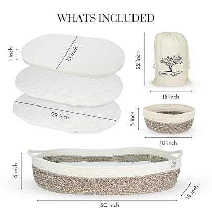 Baby Changing Basket – Boho Baby Basket for Dresser – Woven Diaper Changing Basket – 2 Water Resistant Pad Covers - Boho Nursery Decor - 100% Cotton Rope - Moses Basket - Portable Changing Station.