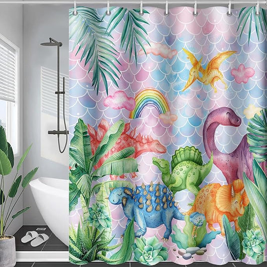 AILONEN Girls Dinosaur Shower Curtain 60" W*72" H for Bathroom,Cute Dinosaur Bathroom Shower for Kids Girls,Cartoon Dinosaur Rainbow Bath Curtain Polyester Waterproof Shower Curtain with 12 Hooks