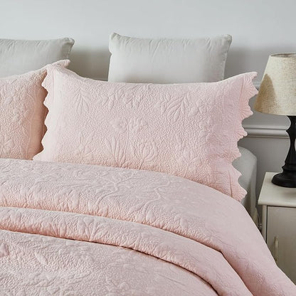 Brandream Queen Size Quilt Set Cotton Light Pink Quilts Farmhouse Bedding Set Matelasse Coverlet Set Scalloped Edge Quilts 3-Piece