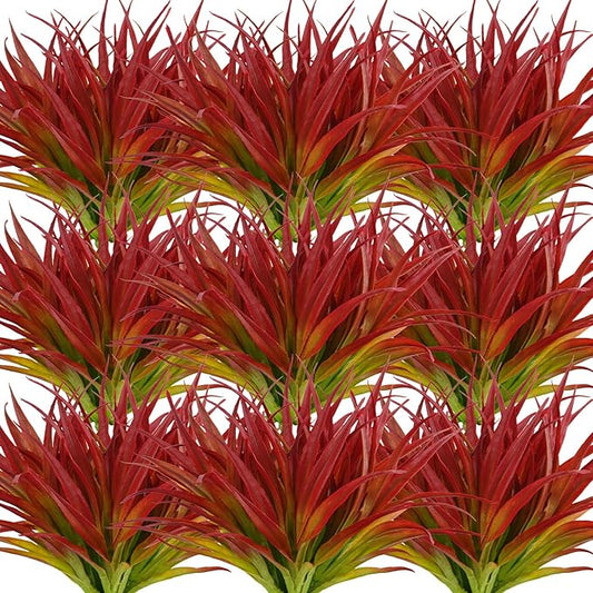 Artificial Fake Grass, 24 PCS Outdoor Faux Grasses Plastic Plants Greenery UV Resistant for Outside Home Window Box Garden Office Patio Hanging Planter Front Porch Décor (Light Green +Red)