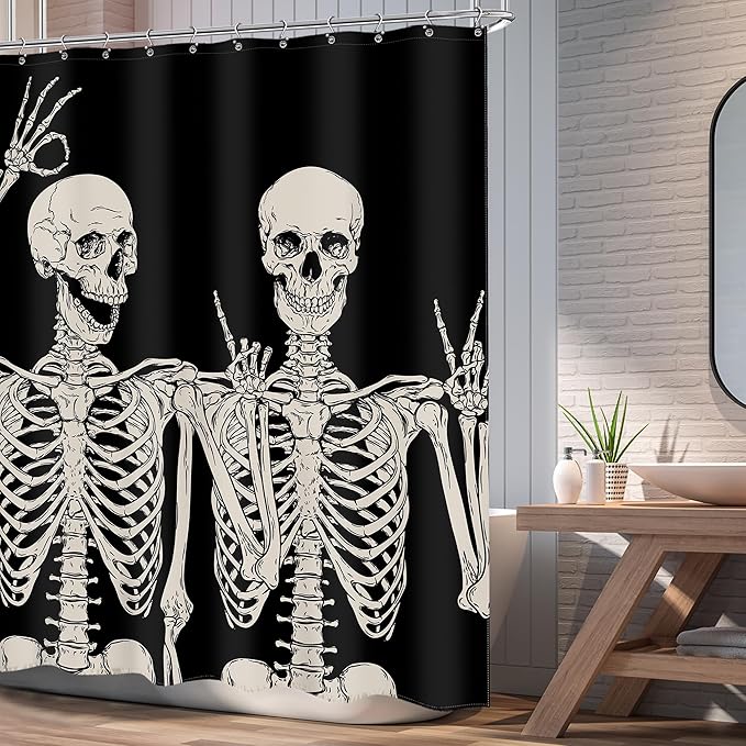 Funny Skull Skeleton Shower Curtain Gothic Spooky Black White Retro Bone Cool Horror Halloween Modern 60Wx72L Inch Shower Curtain Bathroom Set Bath Curtain Bathtub Accessories Home Decor