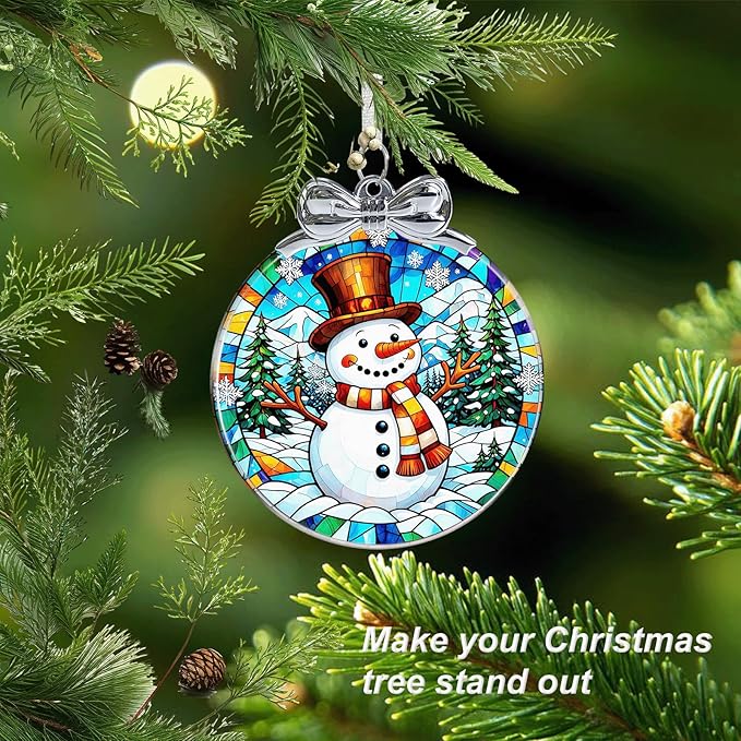 Snowman Stained Glass Christmas Ornament - Hanging Ornaments for Christmas Tree Decorations -Holiday Keepsake Present Exchange Idea