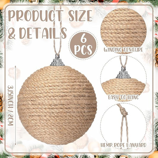 Syhood 6pcs Christmas Ball Ornaments Boho Farmhouse Jute Rope Hanging Xmas Balls Burlap Neutral Rustic Ornaments for Xmas Tree Holiday Wreath Garland (3.15 Inches,Linen)