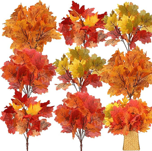 Tigeen 8 Pack Fall Leaves Decor Artificial Maple Leaves Stems Branches Faux Fall Fake Autumn Leave for Thanksgiving Table Centerpieces Decoration