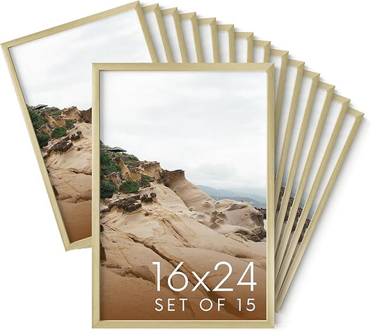 HAUS AND HUES 16x24 Gold Metal Picture Frames - Features Premium Aluminum, Vertical & Horizontal Hang, Shatterproof Plexiglass - Perfect for Home, Room, Office (16x24 in, Gold, Set of 15)