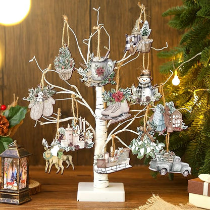 Suzile 36 Pcs Christmas Wooden Ornaments Vintage Christmas Tree Ornaments Xmas Decorations for Tree Wreaths Xmas Hanging Wood Cutouts Decor for Home Winter Party