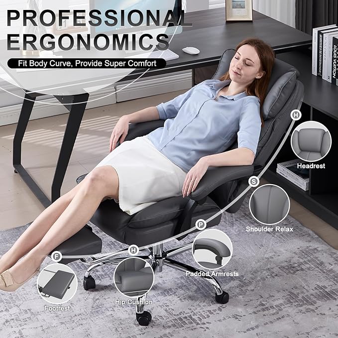 Big and Tall Office Chair, Ergonomic Leather High Back Executive Computer Chair with Retractable Footrest, Adjustable Headrest, Padded Arms, 360°Swivel Free, 90-135°Reclining, 500lbs Wide Seat, Gray