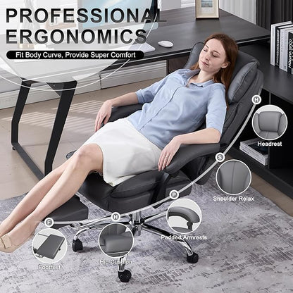 Big and Tall Office Chair, Ergonomic Leather High Back Executive Computer Chair with Retractable Footrest, Adjustable Headrest, Padded Arms, 360°Swivel Free, 90-135°Reclining, 500lbs Wide Seat, Gray