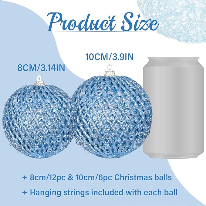3.15" Christmas Ball Ornaments Glitter Shatterproof Christmas Tree Ornaments Sequin Xmas Hanging Balls Decorations for Wedding Party Holiday(Light Blue)