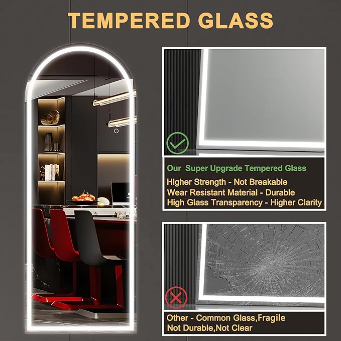 Hasipu 77" x 30" Led Mirror Full Length, Full Length Mirror with Lights Arch Design, Full Length led Mirror,Tempered Glass,Shatter-Proof, Dimming & 3 Color Modes for Bedroom Cloakroom-UL