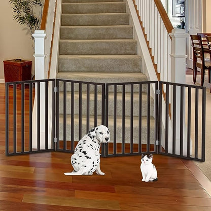 Pet Gate - 4-Panel Indoor Foldable Dog Fence for Stairs, Hallways or Doorways - 72x24-Inch Retractable Wood Freestanding Dog Gates by PETMAKER (Brown)