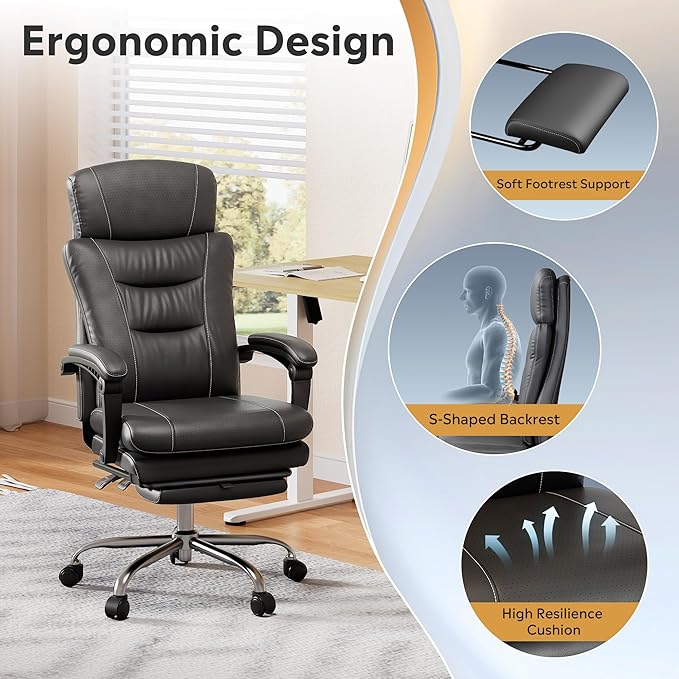 DEVAISE Executive Leather Home Office Chair with Footrest, High Back and Heavy Duty, Comfortable Big and Tall Ergonomic Desk Chair with Lumbar Support, Comfy Reclining, SGS Class 4 Gas Lift, Black
