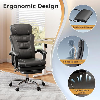 DEVAISE Executive Leather Home Office Chair with Footrest, High Back and Heavy Duty, Comfortable Big and Tall Ergonomic Desk Chair with Lumbar Support, Comfy Reclining, SGS Class 4 Gas Lift, Black