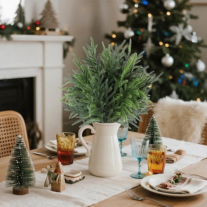 24" Extra Long Artificial Norfolk Pine Stems - 12 Pack Real Touch Christmas Greenery for DIY Wreaths Vase, Large Mantel Decor, Indoor/Outdoor Holiday Arrangements (Faux Pine Branches)