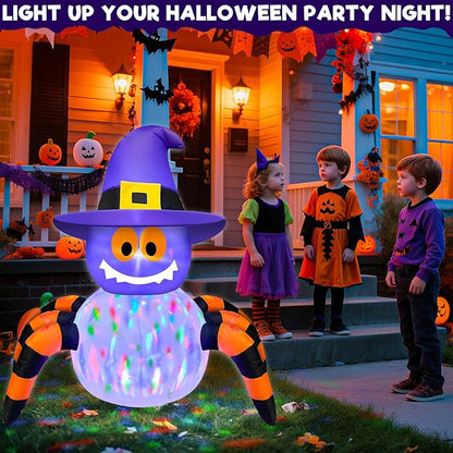TURNMEON 3.6 Ft Halloween Inflatables Spiders Wear Witch Hat Decorations Outdoor with Rotating Colorful Lights 4 Stakes 2 Tethers 1 Sand Bag Blow Up Halloween Decoration Yard Lawn Garden Holiday Party