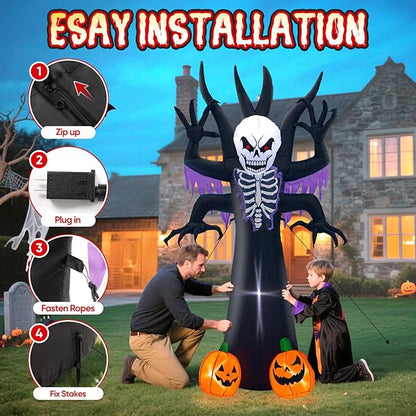 8FT Halloween Tree Inflatable Decoration- Blow Up Yard Skeleton Ghost Tree with 2 Pumpkin Faces with Build-in LED Lights for Home Halloween Party Garden Lawn Indoor Outdoor Decor