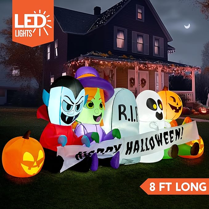 Joiedomi 8 FT Long Inflatable Halloween Decor Outdoor, Halloween Blow Up Decorations Inflatable Pumpkin Ghost Vampire Witch Tombstone with LEDs for Yard Decorations
