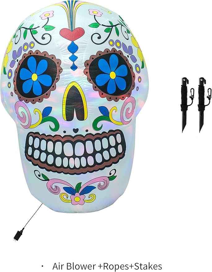 AJY 4 Feet Colorful Skull Halloween Inflatable Skull LED Lights Decor Outdoor Indoor Holiday Decorations Blow up Lighted Yard Decor Lawn Inflatable Home Garden Party Favor Decoration