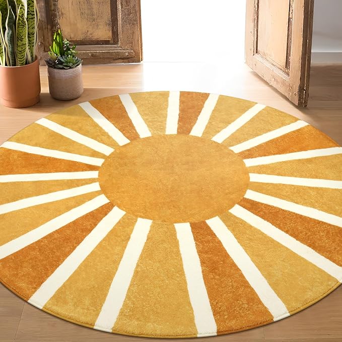 Lahome Boho Round Rugs 6Ft - Washable Round Area Rugs for Living Room Non-Slip Throw Dining Room Rug Soft Large Round Rug, Cute Rainbow Sun Print Circle Rug for Office Classroom Bedroom Nursery