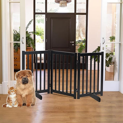 LZRS Solid Hardwood Freestanding Pet Gate,Wooden Dog Gates for Doorways,Nature Wood Dog Gates for The House,Dog Gate for Stairs,Freestanding Indoor Gate Safety Fence,Black,30" Height-3 Panels