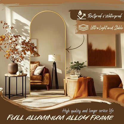 Full Length Mirror, 58"x21" Arch Floor Mirror, Floor Standing Freestanding Full Body Mirror with Stand for Bedroom, Hanging Mounted for Living Room Cloakroom, Gold