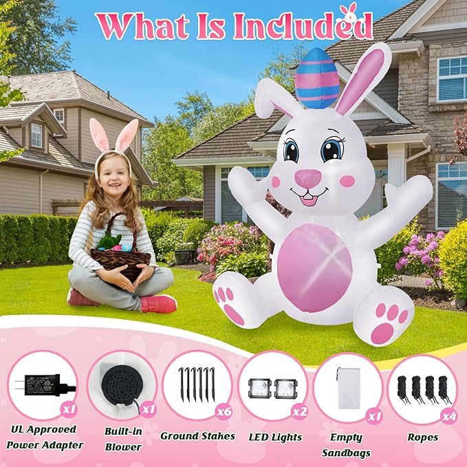 4FT Easter Inflatables Outdoor Decorations, Inflatable Bunny with Egg Built-in LED Lights Happy Easter Blow Up Yard Decorations for Spring Holiday Party Indoor Outdoor Garden Lawn Decor