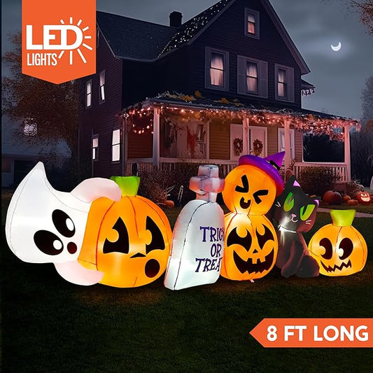 Joiedomi 8 FT Long Halloween Inflatables Outdoor Decoration, Halloween Blow Up Decorations Outside Inflatable Pumpkin Ghost Cat Tombstone with LEDs for Yard Decor
