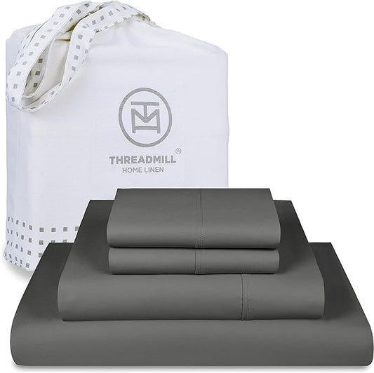 Threadmill Luxury 800 Thread Count Full Size 100% Cotton Sheets - Dark Grey Sateen Weave Bed-Sheets, Better Than Egyptian Cotton, 4 Pc Solid Bedding Set, Fits 16" Deep Pocket