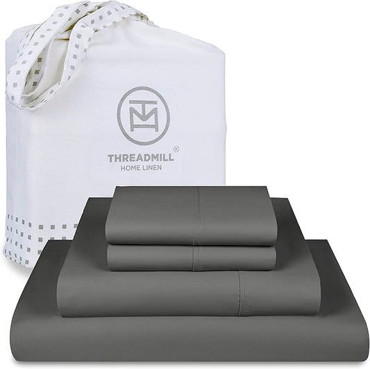 Threadmill Luxury 800 Thread Count Queen 100% Cotton Sheets - Dark Grey Sateen Weave Bed-Sheets, Better Than Egyptian Cotton,4 Pc Solid Soft Bedding Set, Fits 16" Deep Pocket