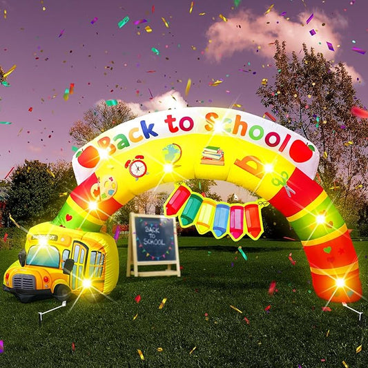 VIHOSE 6.56 ft Width Back to School Inflatables Arch First Day of School Outdoor Decorations Inflatable Rainbow Arch with Bus Pencil Build in LED Lights for Party Supplies Decor