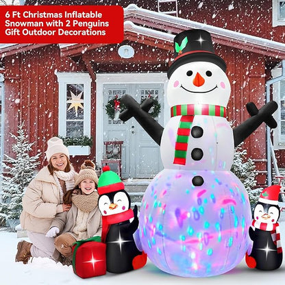6 FT Christmas Inflatable Snowman Outdoor Decoration with Build-in Multicolor LEDs, Snowman with 2 Penguins Gift Blow Up Inflatables Christmas for Yard Garden Lawn Xmas Holiday Decor
