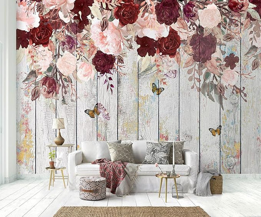 Vintage Floral and Butterfly Living Room Background Wallpaper (Not Peel and Stick)