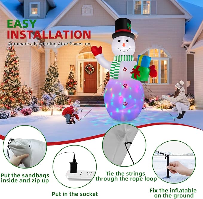 12FT Christmas Inflatables Snowman Outdoor Decorations, Giant Christmas Blow Up Snowman Inflatable Christmas Decorations with Rotating Colorful LED Light for Holiday Party Garden Yard Decor