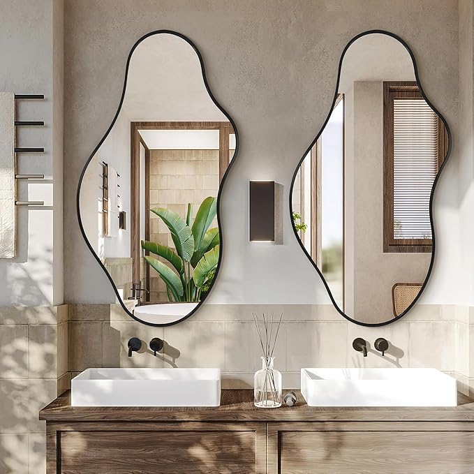Irregular Wall Mirror - Wall Mirrors Decorative 20"x 36" Asymmetrical Abstract Mirror Aviation Aluminum Alloy Frame Unique for Bathroom, Bedroom, Living Room, Cloakroom, Entryway Black