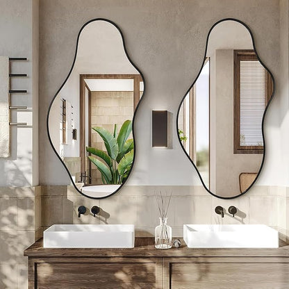 Irregular Wall Mirror - Wall Mirrors Decorative 20"x 36" Asymmetrical Abstract Mirror Aviation Aluminum Alloy Frame Unique for Bathroom, Bedroom, Living Room, Cloakroom, Entryway Black