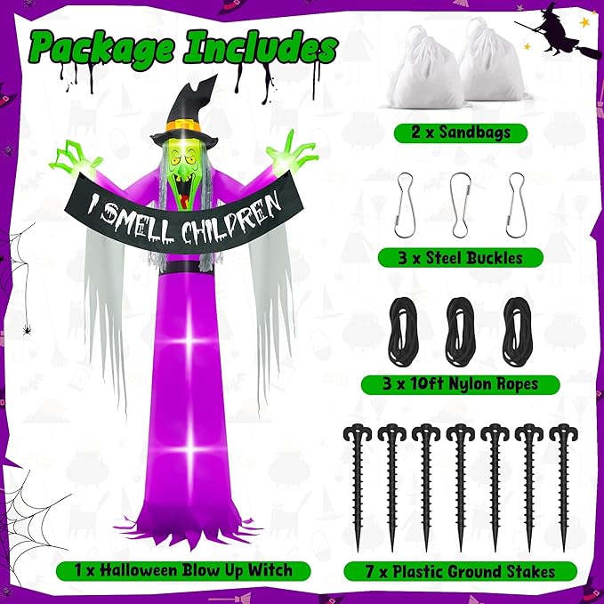 13FT Halloween Outdoor Inflatables, Scary Blow Up Witch Holding I Smell Children Banner, Pre-lit Witch Inflatables Decor, Giant Halloween Outdoor Decorations for Party Garden Lawn