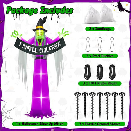 13FT Halloween Outdoor Inflatables, Scary Blow Up Witch Holding I Smell Children Banner, Pre-lit Witch Inflatables Decor, Giant Halloween Outdoor Decorations for Party Garden Lawn