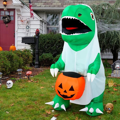 6 FT Halloween Inflatables Dinosaur Outdoor Decorations Ghost Dinosaur with Pumpkin Inflatables Decoration with Built in LEDs for Halloween Party Yard Lawn Garden Decor