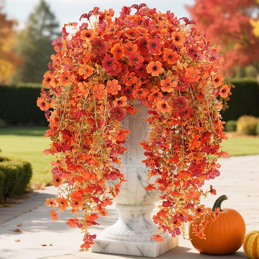 Artificial Hanging Fall Flowers for Outdoors, 2 Bundles UV Resistant Faux Flowers for Autumn Porch Decor, Waterproof Hanging Plants for Garden (Orange Red)