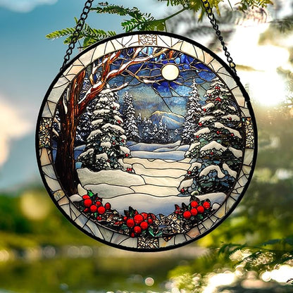 Stained Glass Window Hanging Christmas Tree Winter Snow Night Scenery Large 14.9" - Suncatcher Door Garden Kitchen Sun Catcher Home Decor Birthday for Mom Men Woman Friend