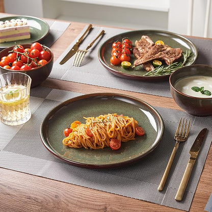 24 Piece Dinnerware Sets for 8, Modern Stoneware Plates and Bowls Setst, Perfect for Family Gatherings & Holiday Celebrations, Easy Cleaning Dishes Set, Stack Compactly Dishware, Brown Green