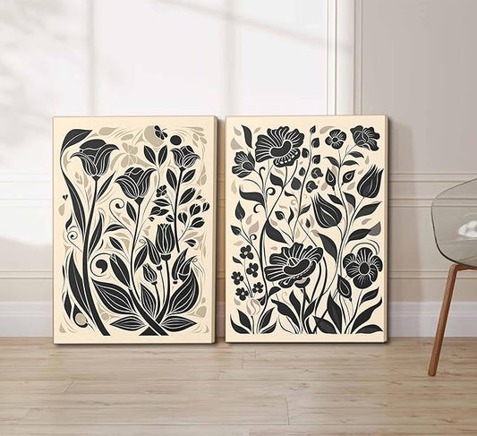 2 Pcs Boho Abstract Floral Canvas Wall Art Modern Minimalist Neutral Beige and Black Floral Botanical Wall Decor Poster Print Artwork for Living Room Bedroom Office Home Decoration