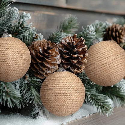 Syhood 6pcs Christmas Ball Ornaments Boho Farmhouse Jute Rope Hanging Xmas Balls Burlap Neutral Rustic Ornaments for Xmas Tree Holiday Wreath Garland (3.15 Inches,Linen)