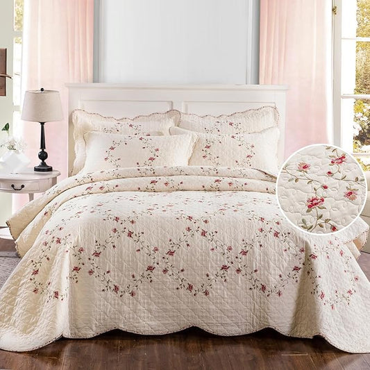 mixinni Floral Embroidered Quilt Set - 3 Pieces Reversible Quilt Bedding Set, 100% Cotton Quilt King Size Set Elegant Embroidery Bedspread Coverlet Set with 2 Pillow Shams for All Seasons (106"x96")
