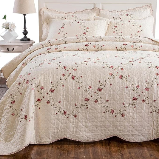 mixinni Floral Embroidered Quilt Set - 3 Pieces Reversible Quilt Bedding Set, 100% Cotton Quilt King Size Set Elegant Embroidery Bedspread Coverlet Set with 2 Pillow Shams for All Seasons (106"x96")