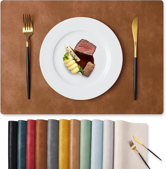 MOSAYT Vinyl Placemats Set of 4-12 X 17 Inch - Faux Leather 100% Waterproof Oil-Proof Wipeable PU Place Mats, Heat Resistant Reversible Table Mats for Kitchen, Dining, Outdoor (Reddish Brown)