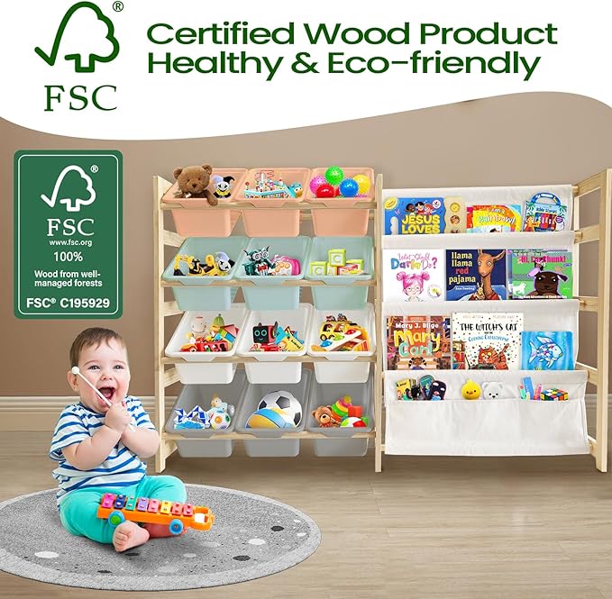 Toy Storage Organizer with Bookshelf - 12 Storage Bins 4-Tier Multipurpose Shelf to Organize Toys and Books for Kids Room, Playroom, Nursery Room, Multi-Color