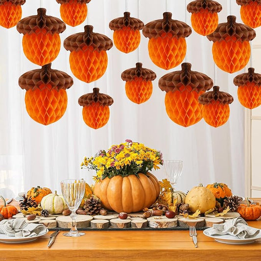 15Pcs Fall Acorn Honeycomb Decorations, Thanksgiving Paper Honeycomb Hanging Ornaments for Autumn Tree Party Favor Supplies Home Decor